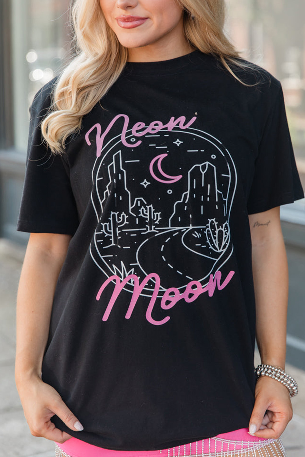Celestial Vibe Graphic Tee - Black with Neon Moon Letter Graphics - Detail View 2 Celestial Vibe Graphic Tee - Black with Neon Moon Letter Graphics - Detail View 2