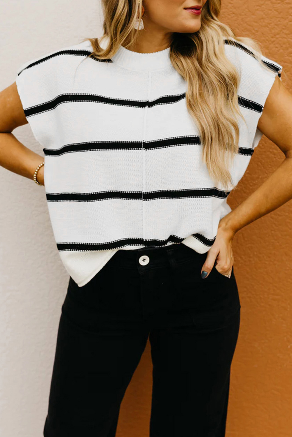 Fashionable Loose Fit Crew Neck Sweater Tee: White Striped Style - Detail View 2 Fashionable Loose Fit Crew Neck Sweater Tee: White Striped Style - Detail View 2