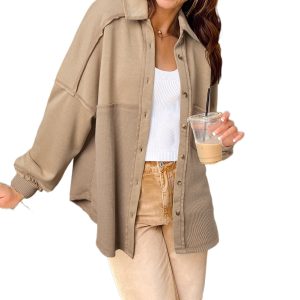 Women's Goat Mineral Wash Textured Patchwork Loose Fit Shacket - Vintage Inspired Casual Jacket - Main View