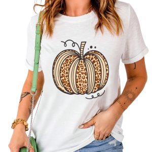 Women's White Leopard Pumpkin Graphic Crewneck Halloween T-Shirt - Main View