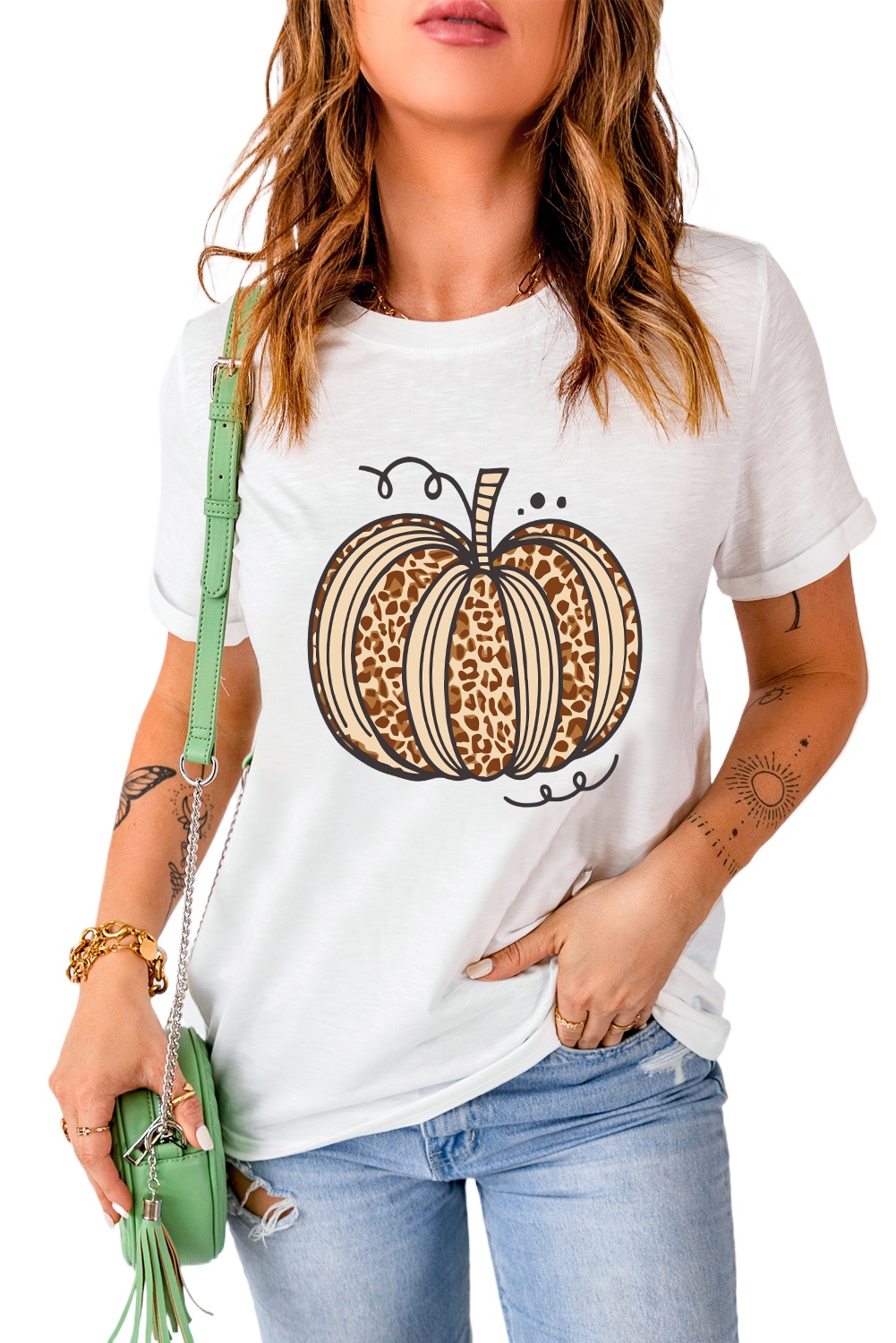 Women's White Leopard Pumpkin Graphic Crewneck Halloween T-Shirt - Main View Women's White Leopard Pumpkin Graphic Crewneck Halloween T-Shirt - Main View