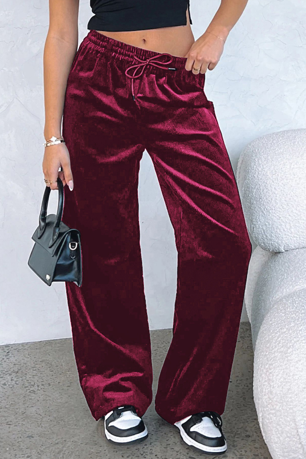 Women's Pants, Burgundy, Solid Color, Wide Leg, Drawstring Waist, High Waist, Velvet, Versatile, Chic, Stylish, Winter Season, Casual Style, Activewear, Yoga Pants - Detail View 10 Women's Pants, Burgundy, Solid Color, Wide Leg, Drawstring Waist, High Waist, Velvet, Versatile, Chic, Stylish, Winter Season, Casual Style, Activewear, Yoga Pants - Detail View 10