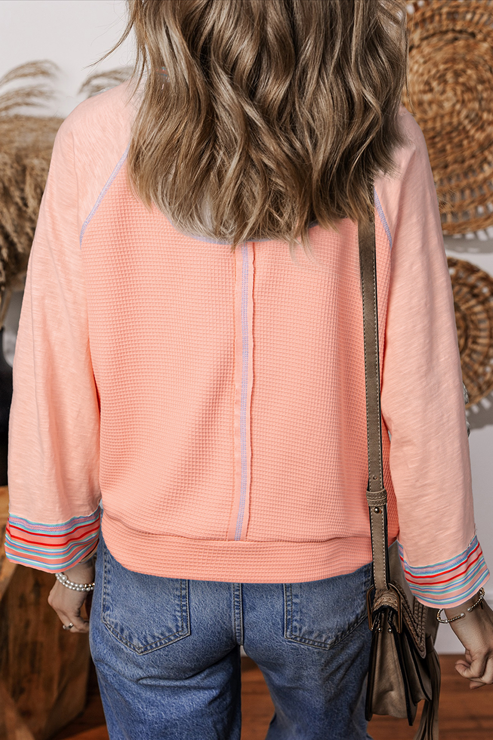 Stylish Long Sleeve Patchwork Top with Contrast Stripe Stitching - Grapefruit Orange - Detail View 2 Stylish Long Sleeve Patchwork Top with Contrast Stripe Stitching - Grapefruit Orange - Detail View 2