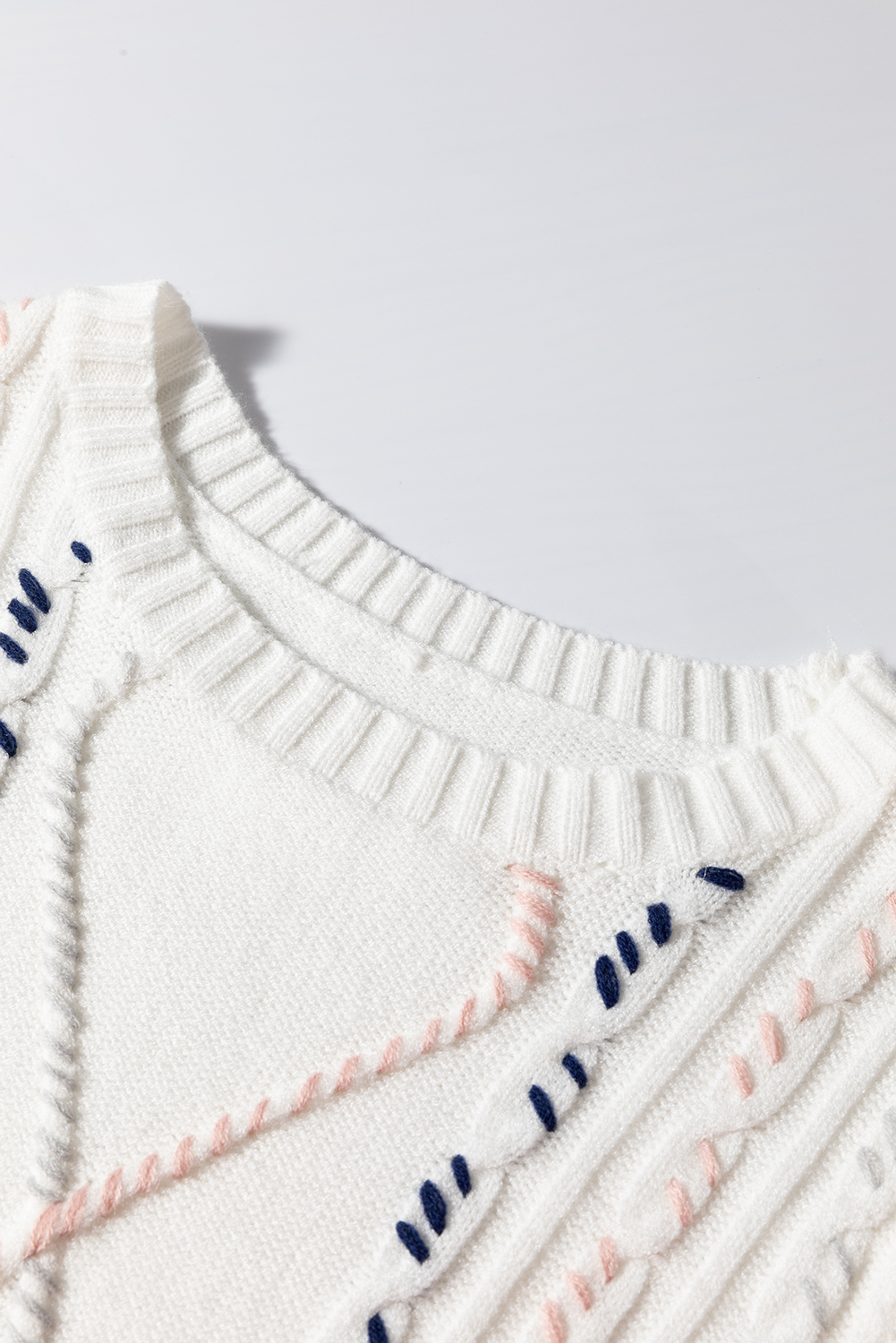Women's White Multicolor Stitch Detail Short Sleeve Cable Knit Sweater - Detail View 13 Women's White Multicolor Stitch Detail Short Sleeve Cable Knit Sweater - Detail View 13