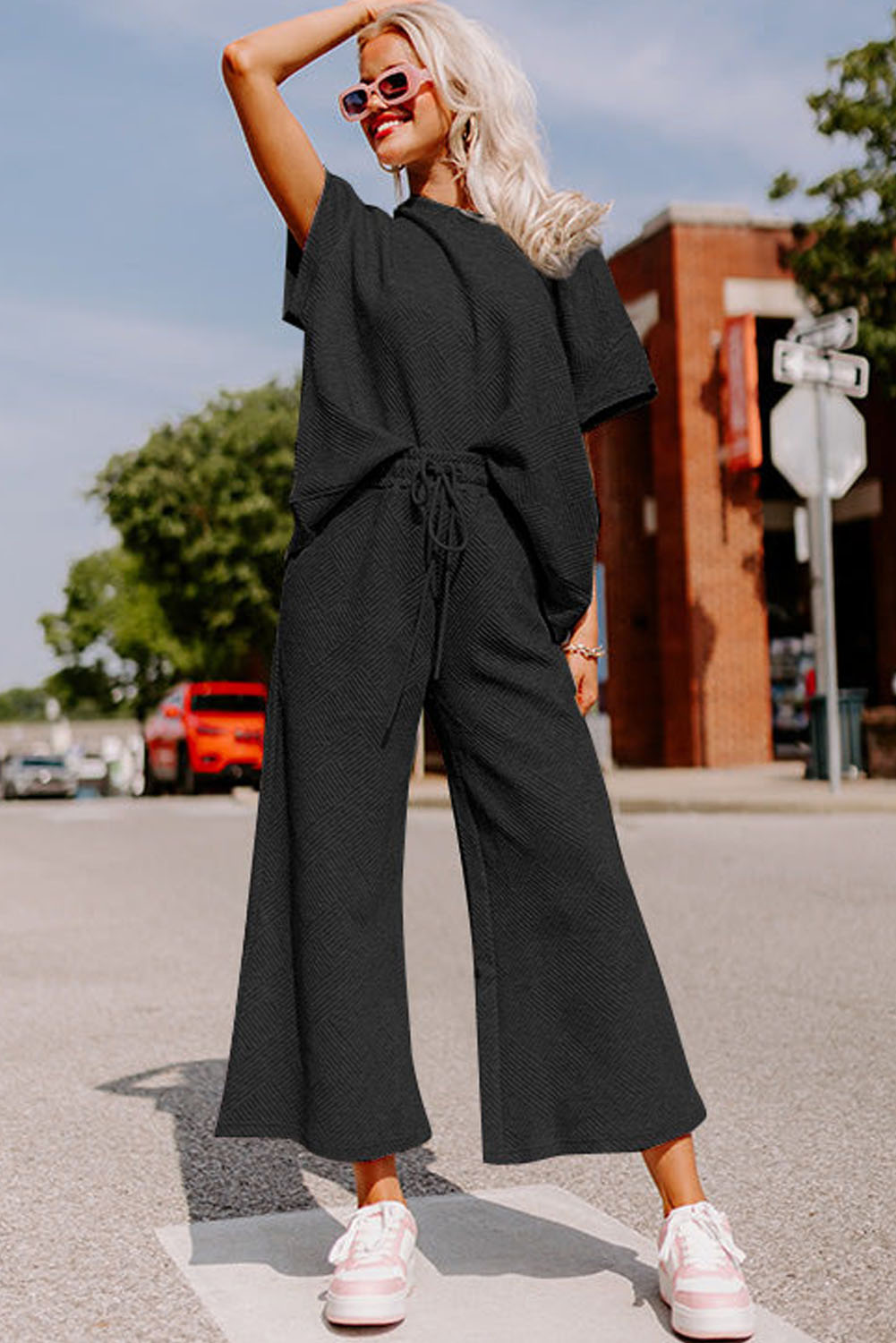 Women's Casual Ribbed Lounge Set, Comfortable Daily Black Suit - Detail View 6 Women's Casual Ribbed Lounge Set, Comfortable Daily Black Suit - Detail View 6