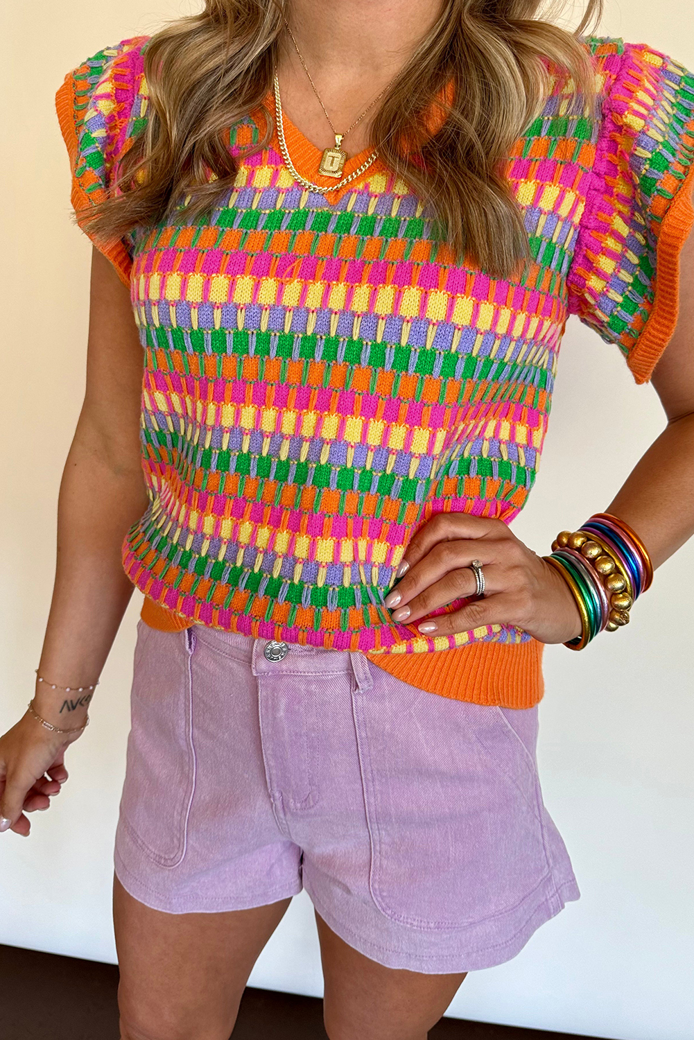 Vibrant Orange Short Sleeve Sweater with Flutter Details for Summer - Detail View 2 Vibrant Orange Short Sleeve Sweater with Flutter Details for Summer - Detail View 2