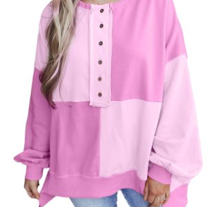 Women's Pink Colorblock Henley Oversize Sweatshirt - High Low Hemline - Main View