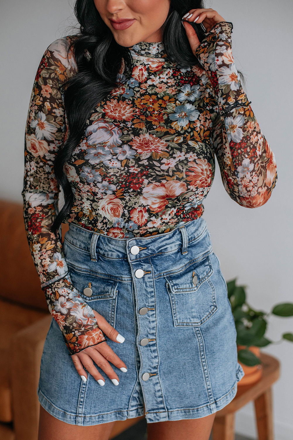 Women's Brown Floral High Neck Long Sleeve Sheath Blouse - Detail View 6 Women's Brown Floral High Neck Long Sleeve Sheath Blouse - Detail View 6