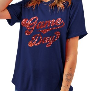 Women's Blue Glittering Game Day Graphic Cuffed Sleeve Crew Neck T-Shirt - Main View