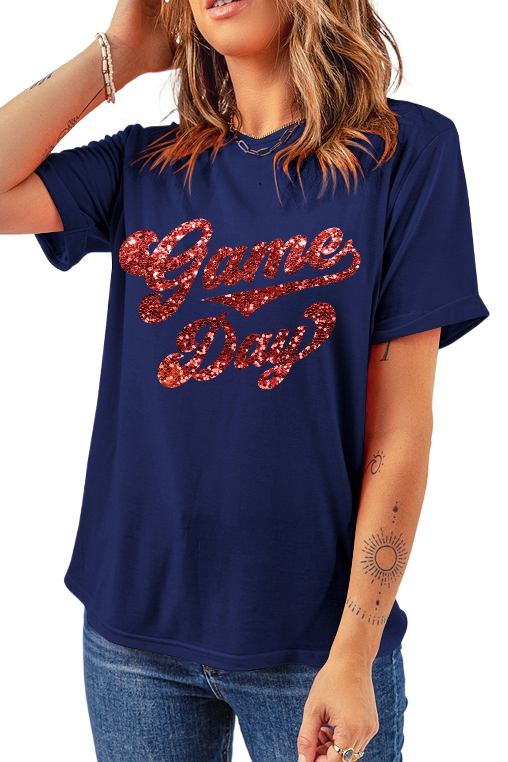 Women's Blue Glittering Game Day Graphic Cuffed Sleeve Crew Neck T-Shirt - Main View Women's Blue Glittering Game Day Graphic Cuffed Sleeve Crew Neck T-Shirt - Main View