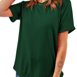 Women's Green Crew Neck Tee, Casual Short Sleeve Summer Top - Main View