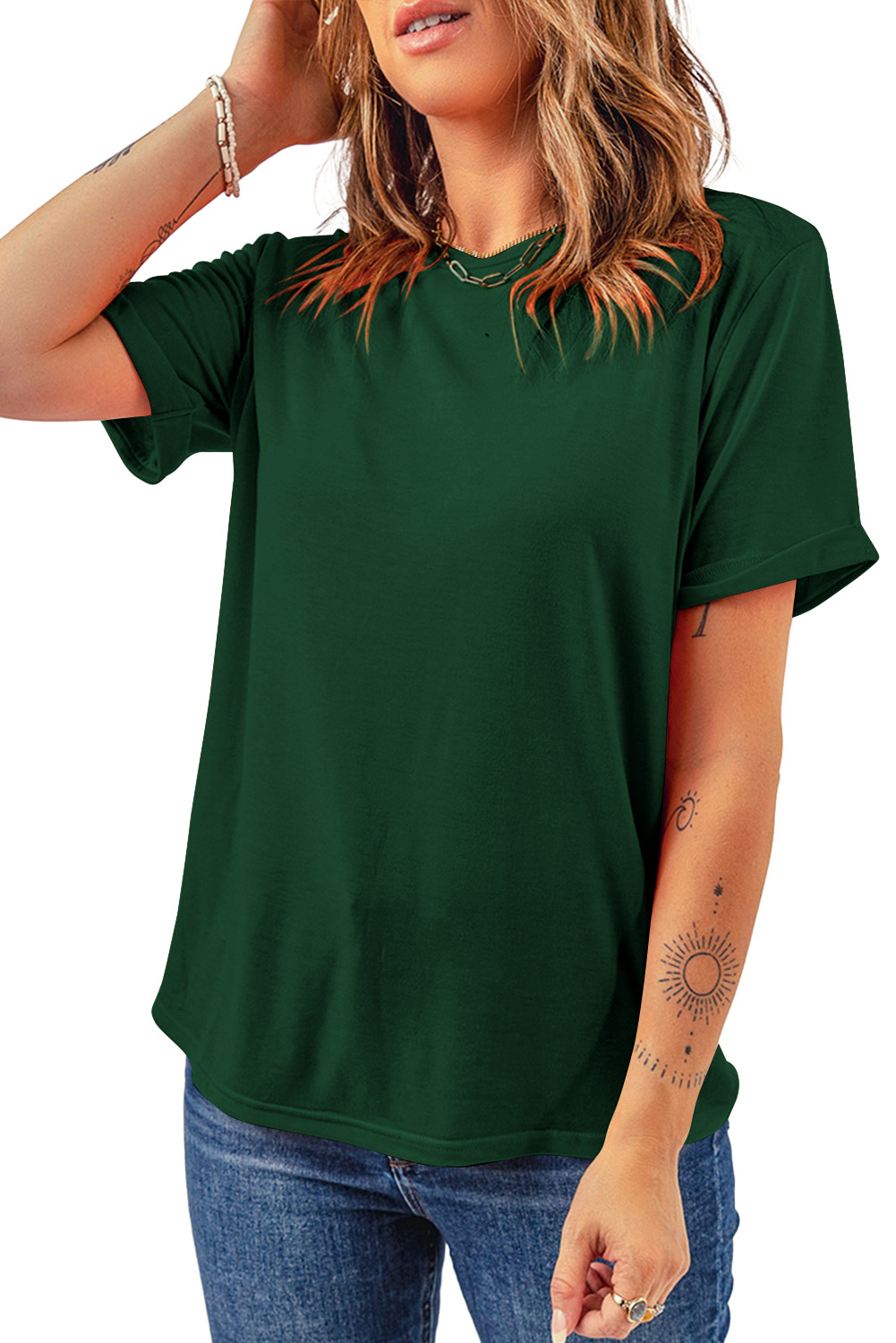 Women's Green Crew Neck Tee, Casual Short Sleeve Summer Top - Main View Women's Green Crew Neck Tee, Casual Short Sleeve Summer Top - Main View