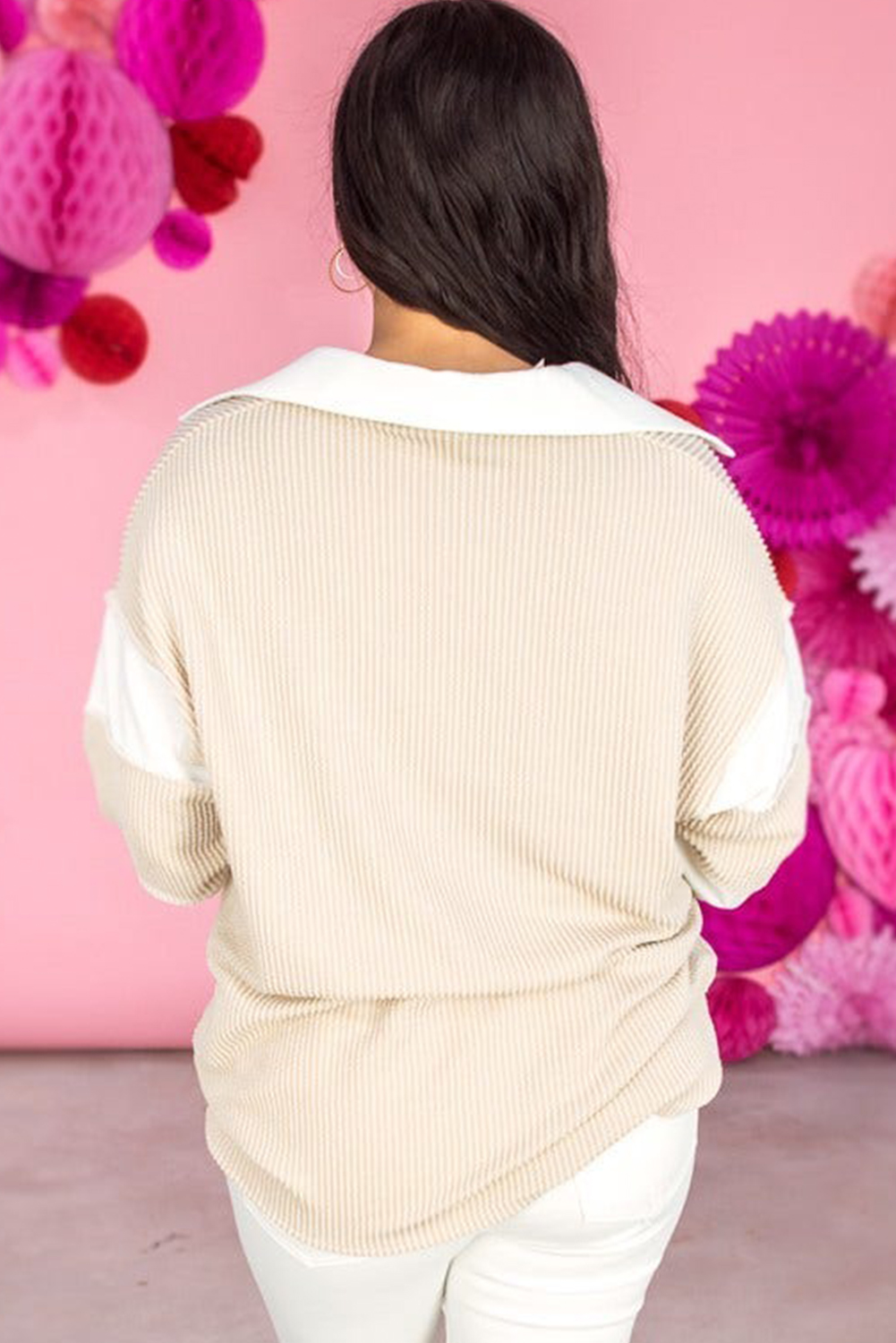 Casual Plus Size Long Sleeve Colorblock T-Shirt - Parchment Color - Detail View 2 Casual Plus Size Long Sleeve Colorblock T-Shirt - Parchment Color - Detail View 2