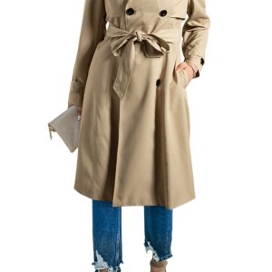 Women's Pale Khaki Solid Color Lapel Collar Waist Tie Wind Coat - Main View