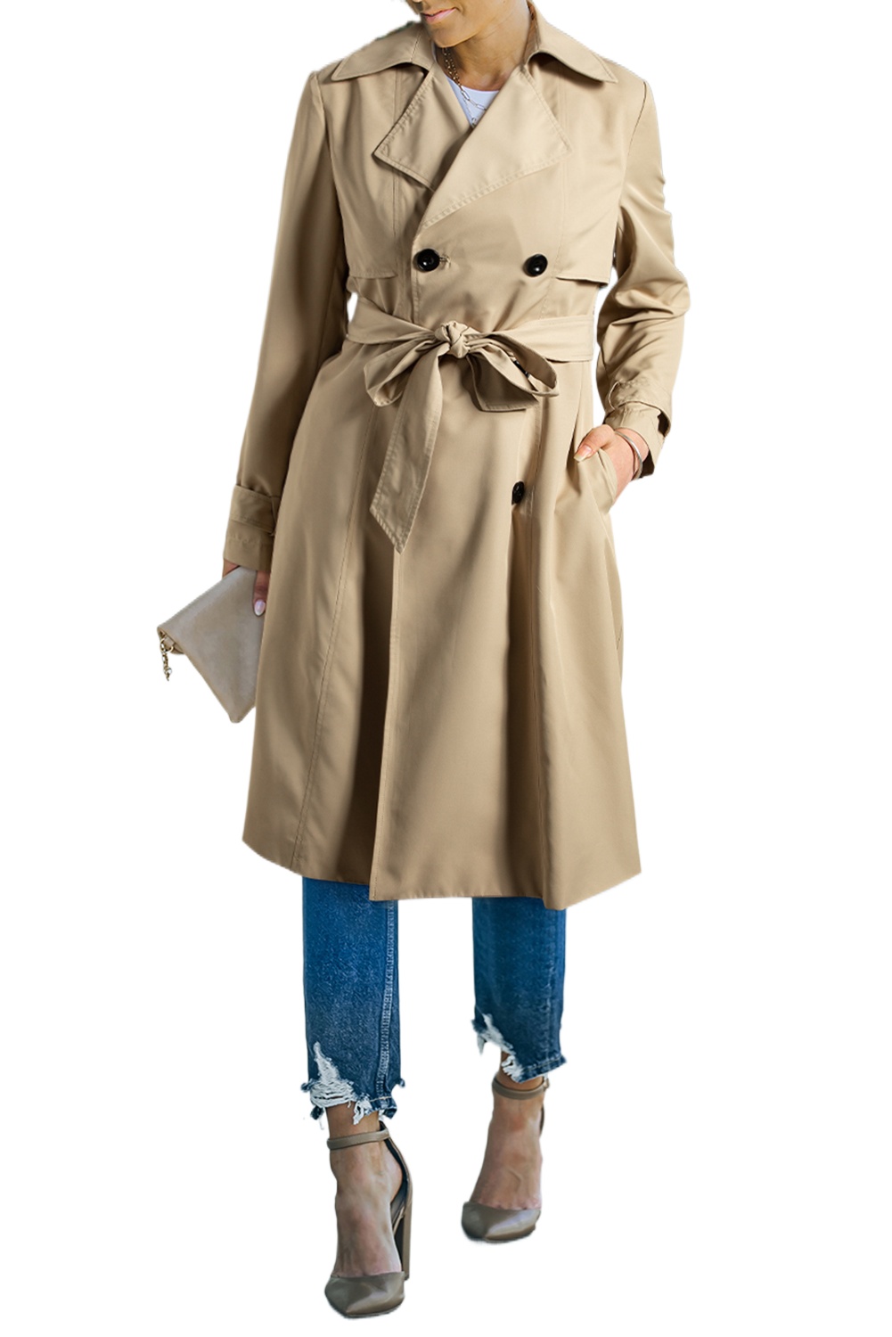 Women's Pale Khaki Solid Color Lapel Collar Waist Tie Wind Coat - Main View Women's Pale Khaki Solid Color Lapel Collar Waist Tie Wind Coat - Main View