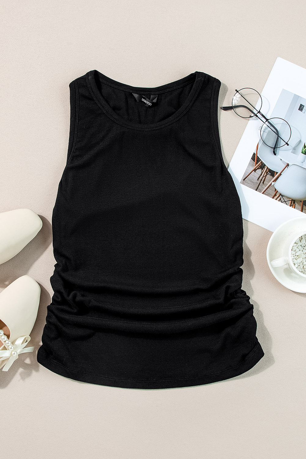 Women's Black Ruched Tank Top, Sleeveless Ribbed Casual Tee - Detail View 7 Women's Black Ruched Tank Top, Sleeveless Ribbed Casual Tee - Detail View 7