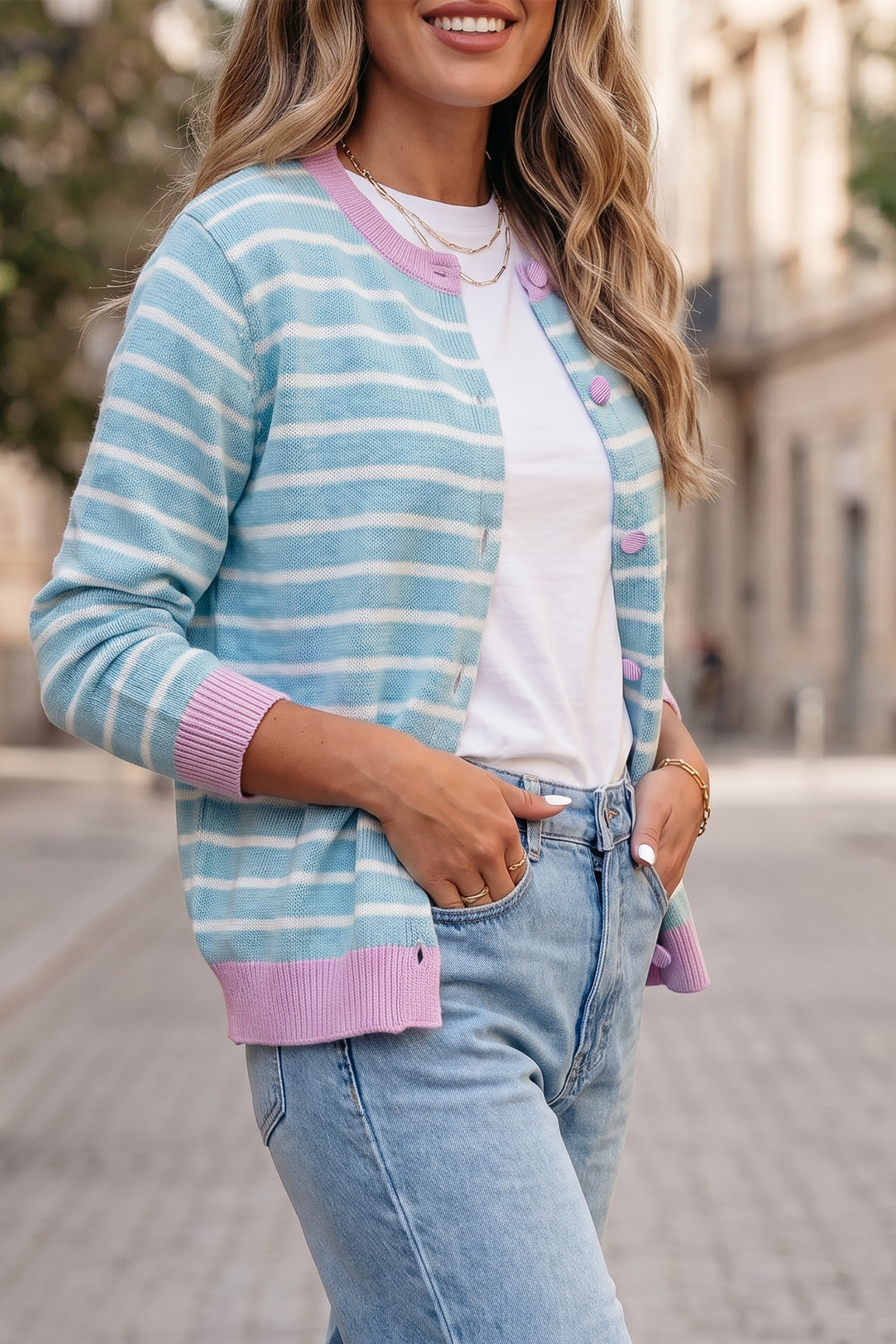 Colorblock Stripe Cardigan, Long Sleeve Round Neck Sweater - Detail View 5 Colorblock Stripe Cardigan, Long Sleeve Round Neck Sweater - Detail View 5