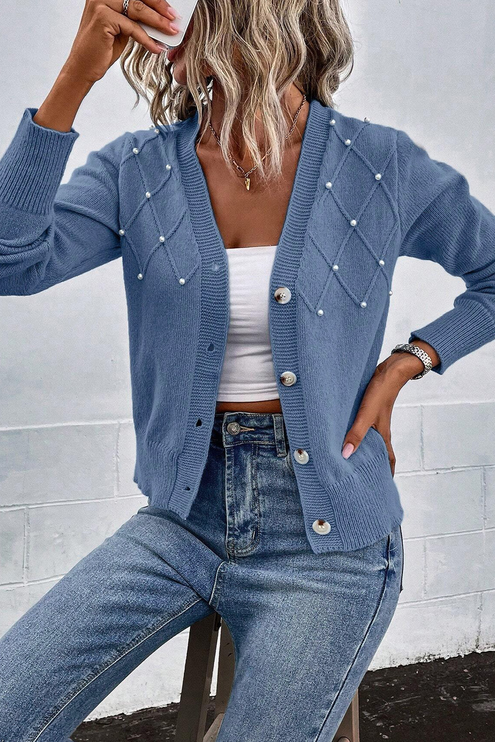 Elegant Women's Myosotis Textured Knit Pearl Beaded Button Up Cardigan - Detail View 6 Elegant Women's Myosotis Textured Knit Pearl Beaded Button Up Cardigan - Detail View 6