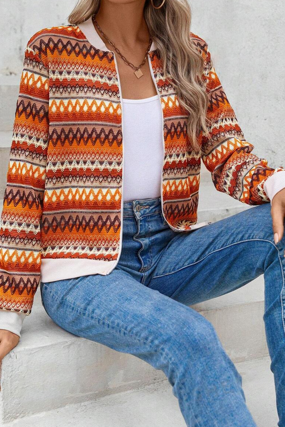 Trendy Bohemian Striped Jacket with Zipper Closure - Perfect for Fall & Autumn - Detail View 6 Trendy Bohemian Striped Jacket with Zipper Closure - Perfect for Fall & Autumn - Detail View 6
