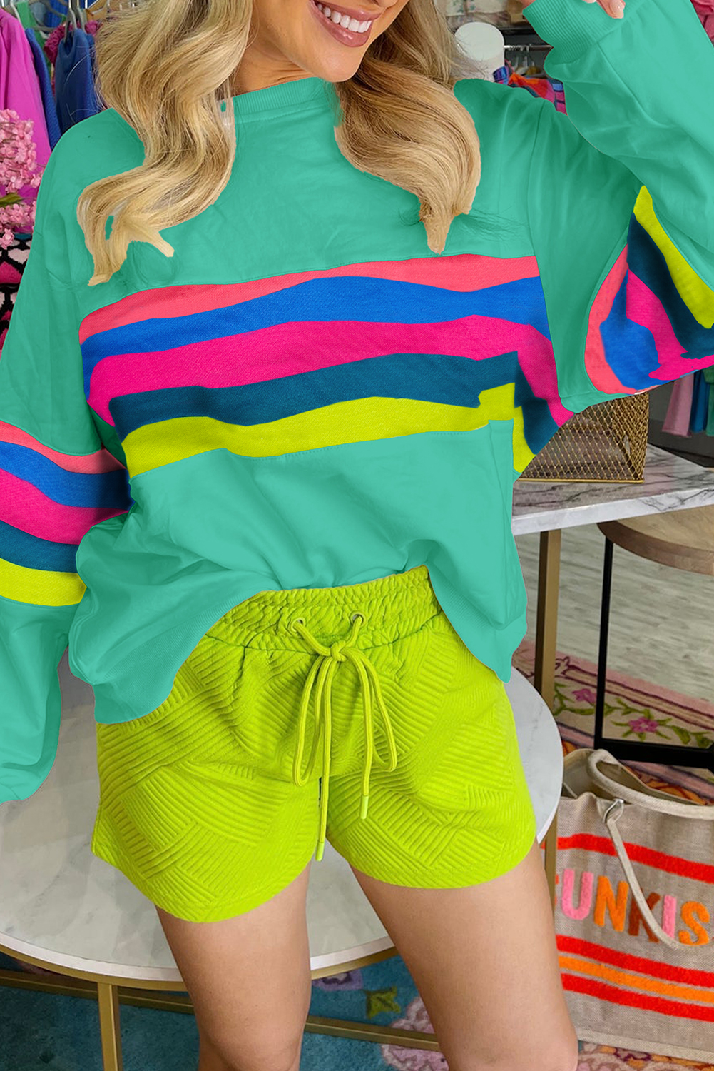 Vibrant Green Stripe Pattern Long Sleeve T-Shirt - Casual Wear for Women - Detail View 2 Vibrant Green Stripe Pattern Long Sleeve T-Shirt - Casual Wear for Women - Detail View 2