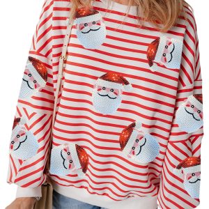 Women's Orange Stripe Sequin Santa Claus Pattern Christmas Pullover Sweatshirt - Main View