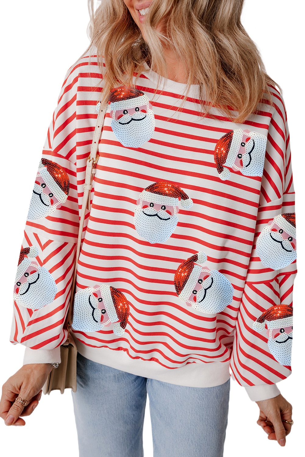 Women's Orange Stripe Sequin Santa Claus Pattern Christmas Pullover Sweatshirt - Main View Women's Orange Stripe Sequin Santa Claus Pattern Christmas Pullover Sweatshirt - Main View
