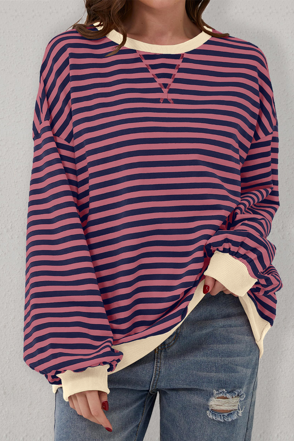 Women's Red Stripe Oversized Pullover Sweatshirt with Contrast Trim - Detail View 6 Women's Red Stripe Oversized Pullover Sweatshirt with Contrast Trim - Detail View 6