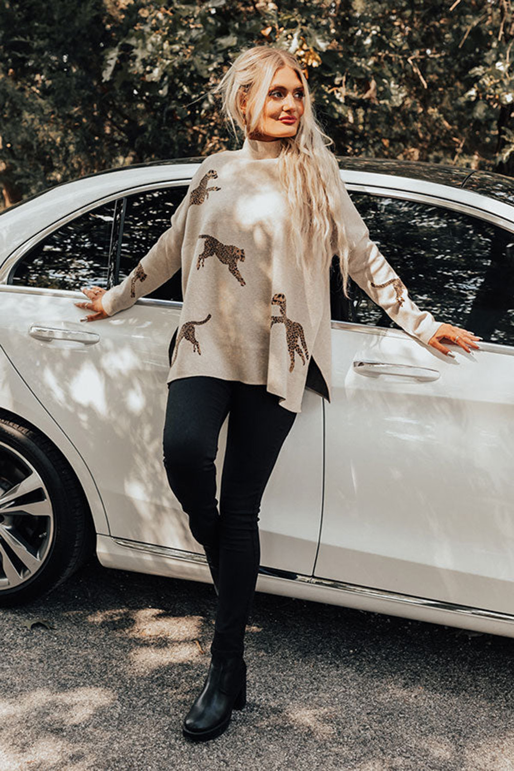 Women's Cheetah Print Sweater, Casual High Neck Long Sleeve - Detail View 7 Women's Cheetah Print Sweater, Casual High Neck Long Sleeve - Detail View 7