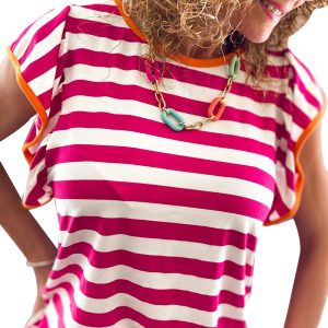 Women's Soft Rose Red Striped Ruffle Sleeve Crew Neck Blouse - Main View