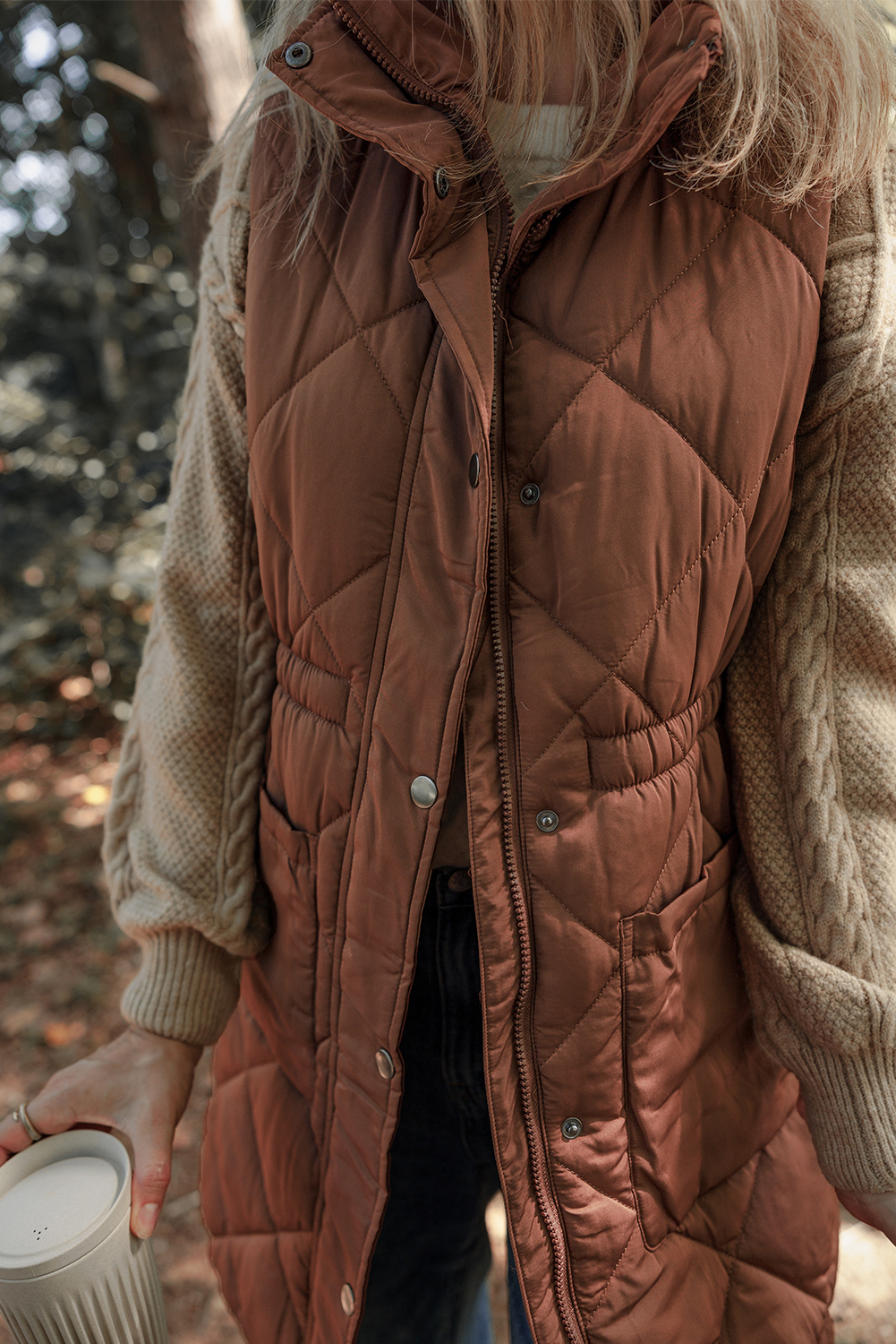 Longline Coffee Quilted Puffer Vest with Stand Collar - Perfect for Casual Winter Wear - Detail View 3 Longline Coffee Quilted Puffer Vest with Stand Collar - Perfect for Casual Winter Wear - Detail View 3