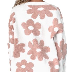 Women's White Textured Flower Drop Shoulder Loose Sweater - Main View