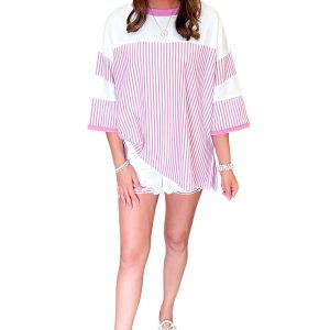 Women's Phalaenopsis Striped Patchwork 3/4 Sleeve Oversize Top - Main View