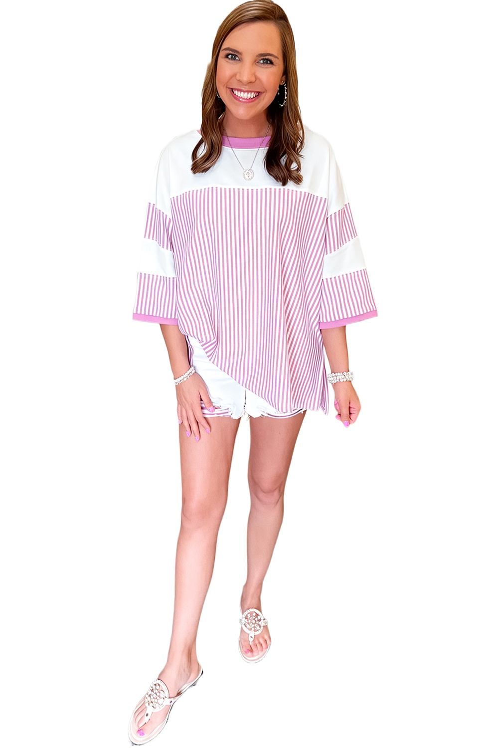 Women's Phalaenopsis Striped Patchwork 3/4 Sleeve Oversize Top - Main View Women's Phalaenopsis Striped Patchwork 3/4 Sleeve Oversize Top - Main View