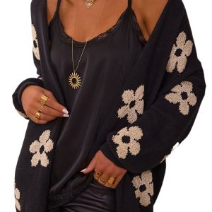 Women's Black Floral Print Knitted Open Front Loose Cardigan - Main View