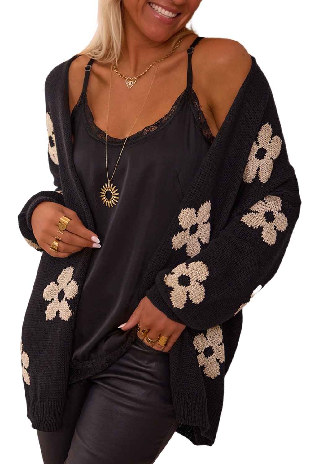 Women's Black Floral Print Knitted Open Front Loose Cardigan - Main View Women's Black Floral Print Knitted Open Front Loose Cardigan - Main View