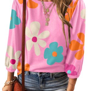 Women's Rose Cute Flower Print Bracelet Sleeve Top - Main View