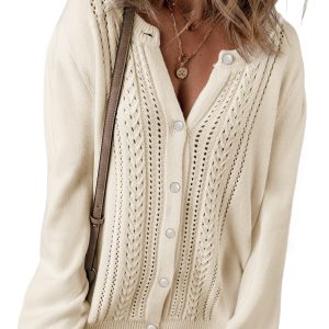 Women's Apricot Pleated Sleeve Hollow Detail Button Sweater Cardigan - Main View