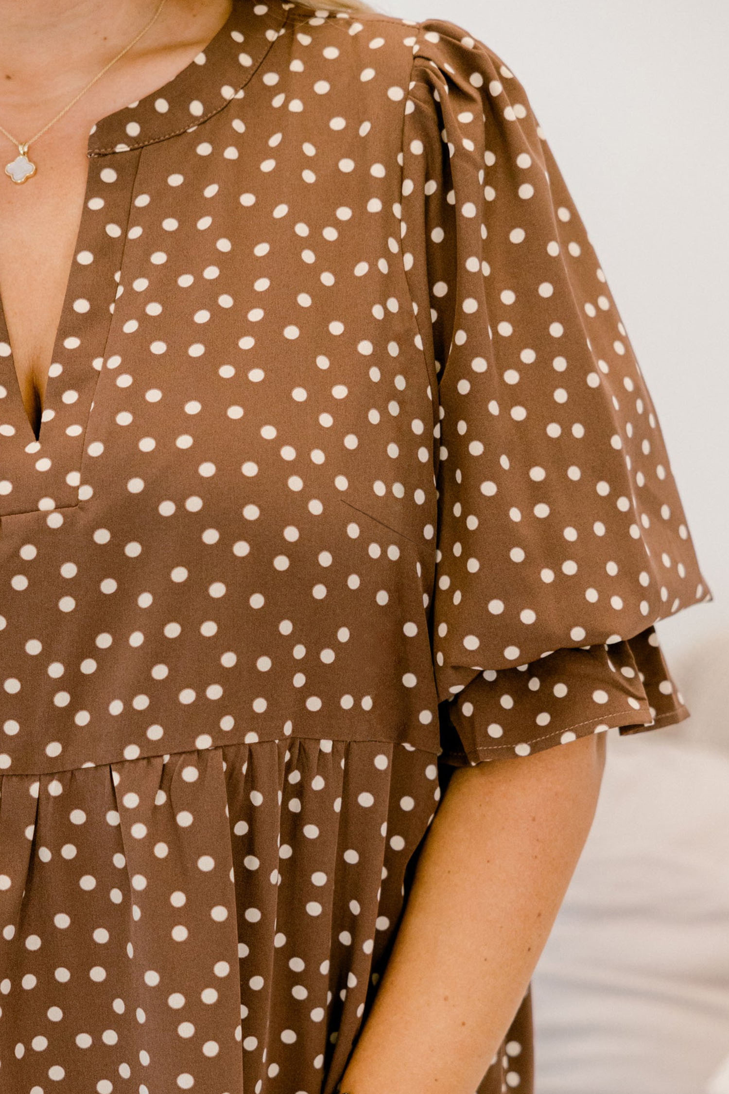 Elegant V Neck Tiered Dress, Women's Brown Polka Dot Summer - Detail View 6 Elegant V Neck Tiered Dress, Women's Brown Polka Dot Summer - Detail View 6