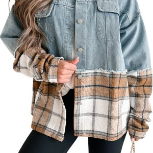 Women's Khaki Plaid Patchwork Oversized Denim Jacket - Main View