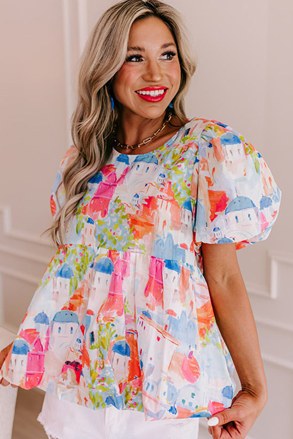 Women's Abstract Print Top, Elegant Parisian Puff Sleeve - Detail View 7 Women's Abstract Print Top, Elegant Parisian Puff Sleeve - Detail View 7