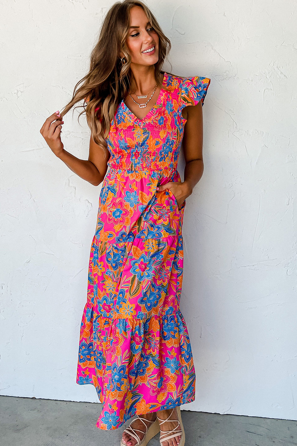 Casual Floral Tiered Dress, Smocked V Neck Maxi With Pockets - Detail View 3 Casual Floral Tiered Dress, Smocked V Neck Maxi With Pockets - Detail View 3