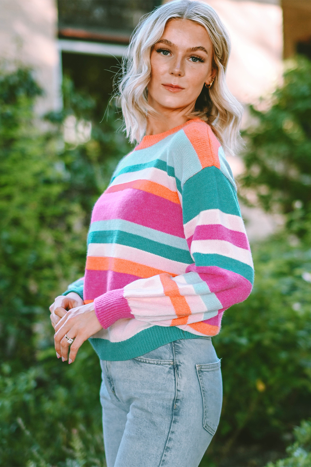 Multicolor Puff Sleeve Sweater, Casual Round Neck Knit Top - Detail View 5 Multicolor Puff Sleeve Sweater, Casual Round Neck Knit Top - Detail View 5