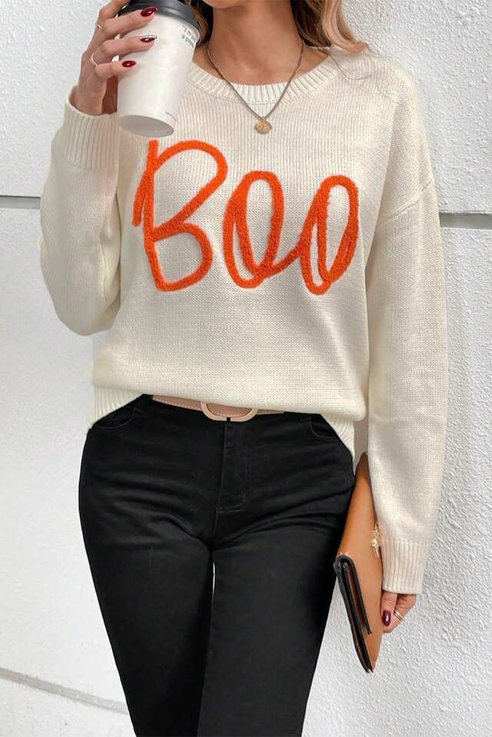 Women's Apricot Boo Knitted Pattern Long Sleeve Drop Shoulder Sweater - Detail View 6 Women's Apricot Boo Knitted Pattern Long Sleeve Drop Shoulder Sweater - Detail View 6