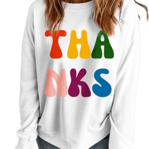Women's Beige THANKS Printed Crewneck Drop Shoulder Sweatshirt for Thanksgiving - Main View