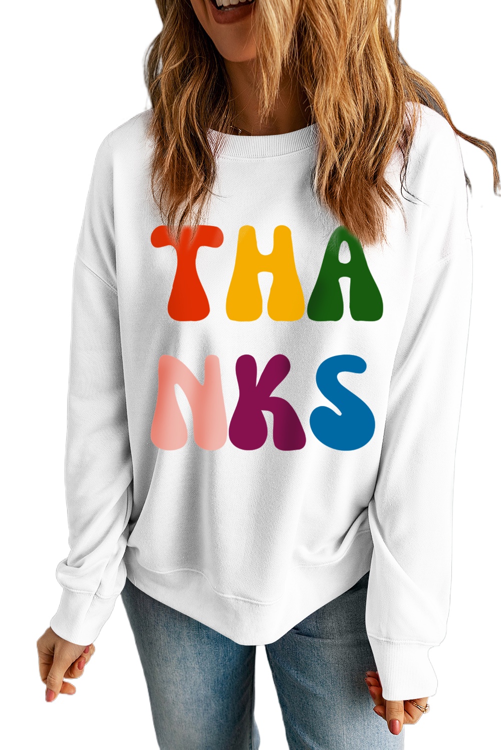 Women's Beige THANKS Printed Crewneck Drop Shoulder Sweatshirt for Thanksgiving - Main View Women's Beige THANKS Printed Crewneck Drop Shoulder Sweatshirt for Thanksgiving - Main View