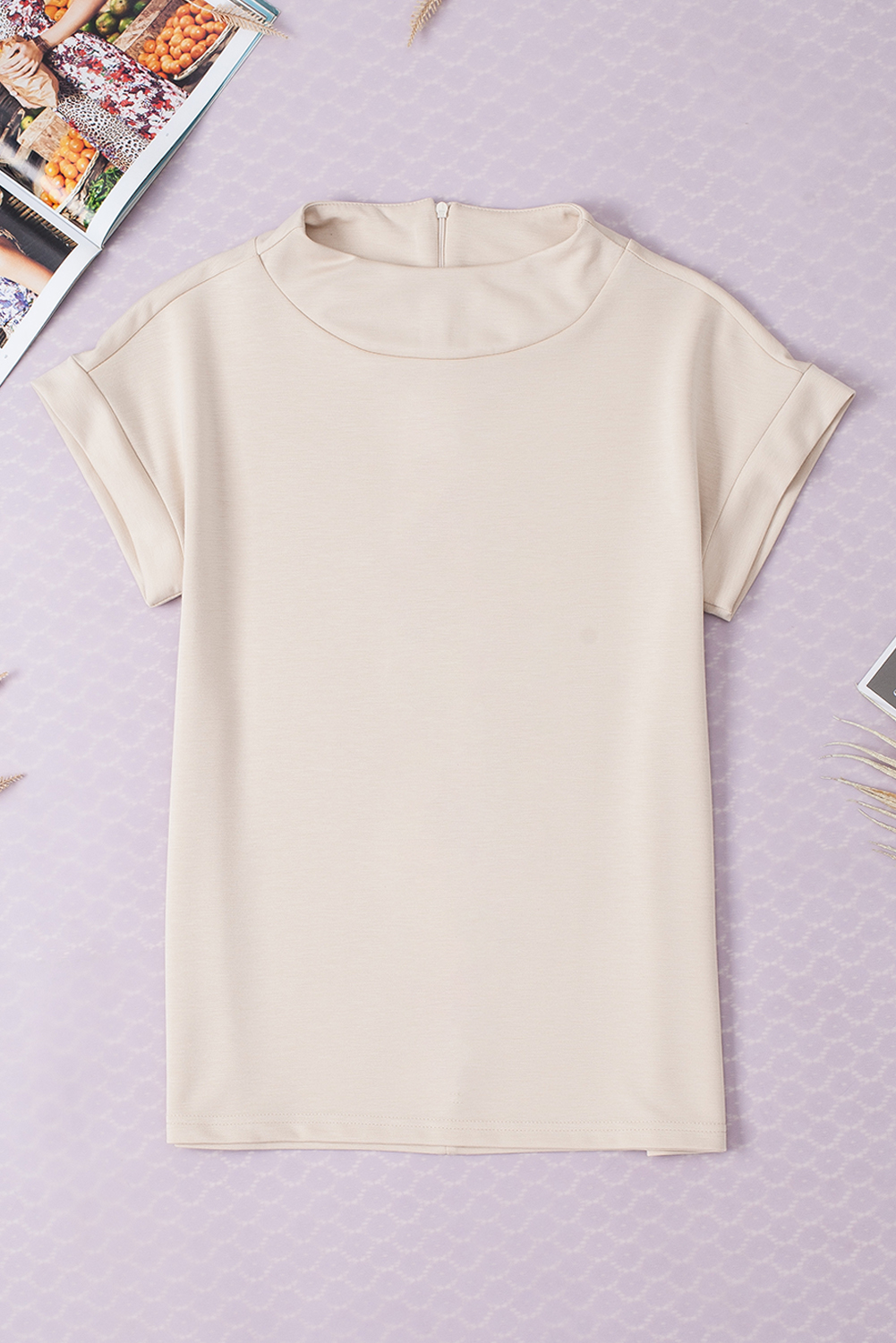 Women's Oatmeal Mock Neck Top, Casual Short Sleeve Blouse - Detail View 7 Women's Oatmeal Mock Neck Top, Casual Short Sleeve Blouse - Detail View 7