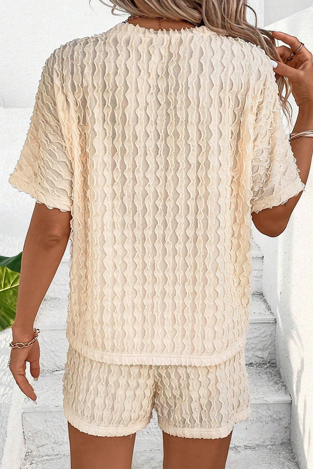 Women's Textured Two Piece Set, Casual Beige Loungewear - Detail View 4 Women's Textured Two Piece Set, Casual Beige Loungewear - Detail View 4