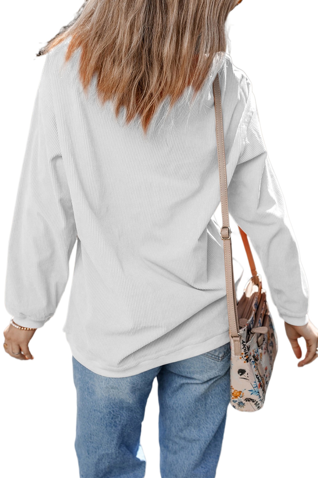 Women's Fall Graphic Sweatshirt, White Long Sleeve Corded Top - Main View Women's Fall Graphic Sweatshirt, White Long Sleeve Corded Top - Main View