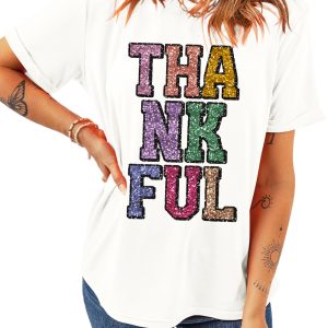 Women's White THANKFUL Letter Graphic T-Shirt - Casual and Festive Style - Main View