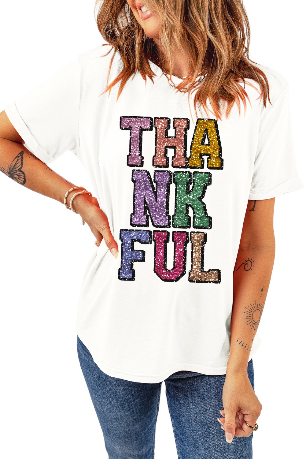 Women's White THANKFUL Letter Graphic T-Shirt - Casual and Festive Style - Main View Women's White THANKFUL Letter Graphic T-Shirt - Casual and Festive Style - Main View